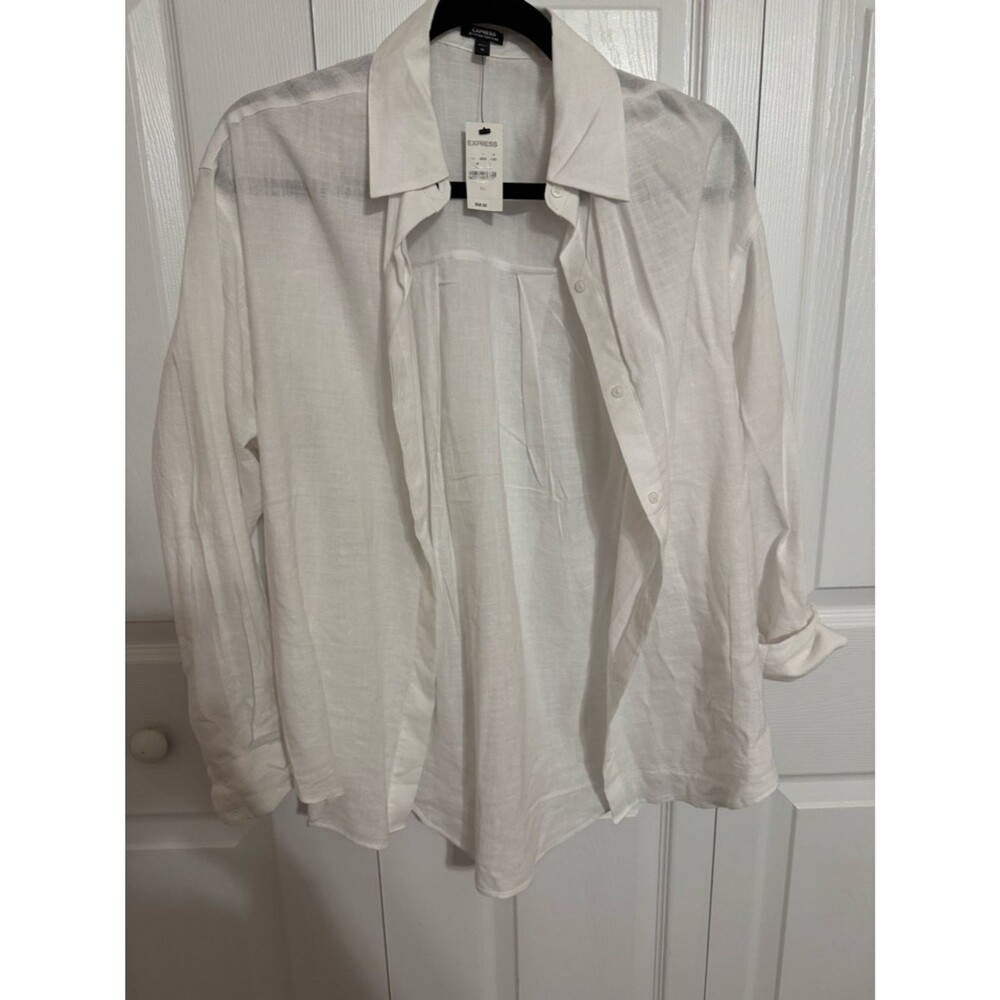 Express women’s white linen-blend boyfriend portofino shirt